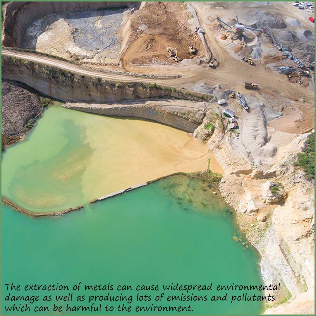 Extracting metals from mines is environmentally unfreindly, it waste land, causes pollution and uses large amounts of energy.